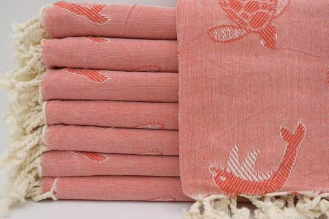 Sea Turtles and Dolphins Red 100% Cotton Original Turkish Towels
