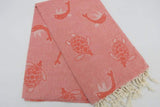 Sea Turtles and Dolphins Red 100% Cotton Original Turkish Towels