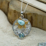 Gold Sea Turtle Pendant Necklace with Larimar and Blue Topaz