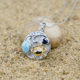 Crab Pendant Necklace with Larimar, Blue Sapphire and Mother of Pearl Mosaic