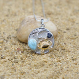 Crab Pendant Necklace with Larimar, Blue Sapphire and Mother of Pearl Mosaic