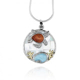 Sea Turtle Pendant Necklace with Larimar and Mother of Pearl Mosaic